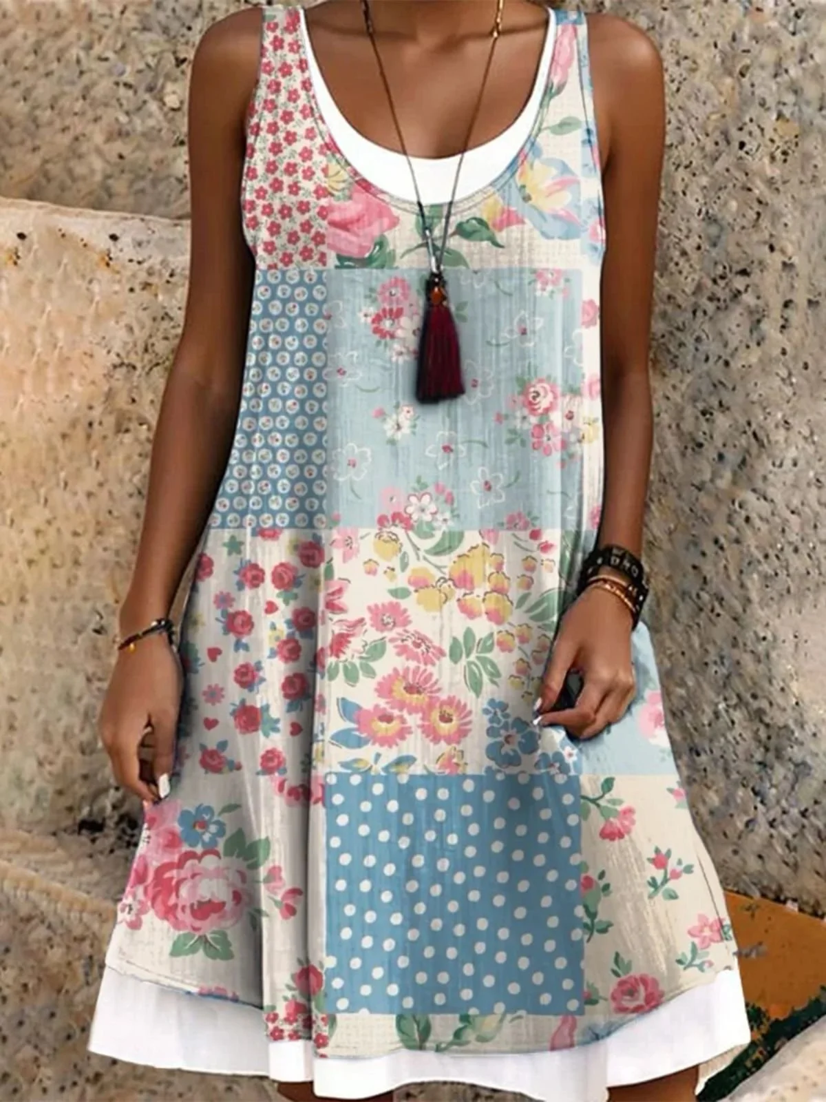 Femmes Floral Comme Image Col Rond Confortable Robe Mi-Longue Décontracté