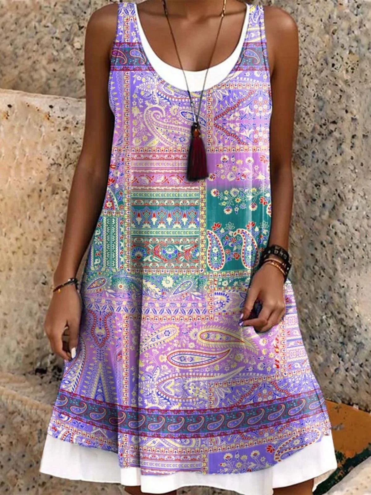 Femmes Motif Cachemire Comme Image Col Rond Confortable Robe Mi-Longue Décontracté