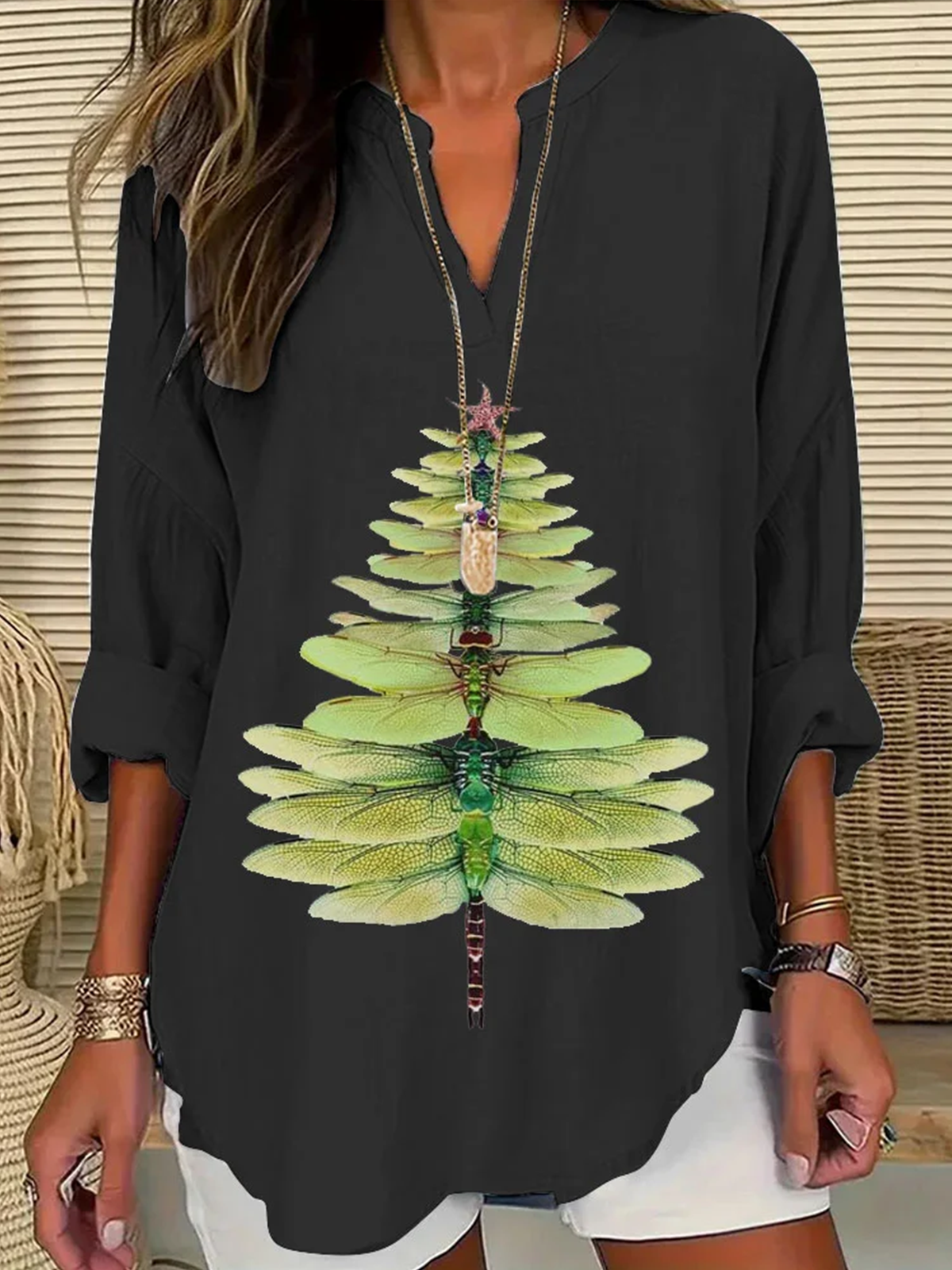 Blouses Simple Été Libellule Polyester Aucune élasticité Ample Demi Manche Col Châle Droit pour Femmes