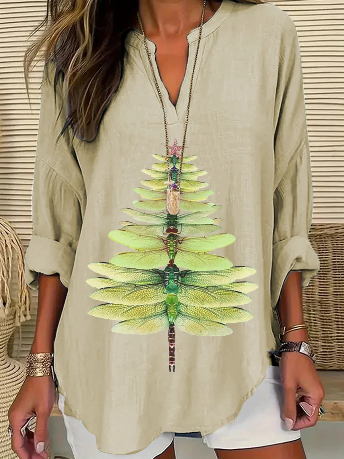 Blouses Simple Été Libellule Polyester Aucune élasticité Ample Demi Manche Col Châle Droit pour Femmes