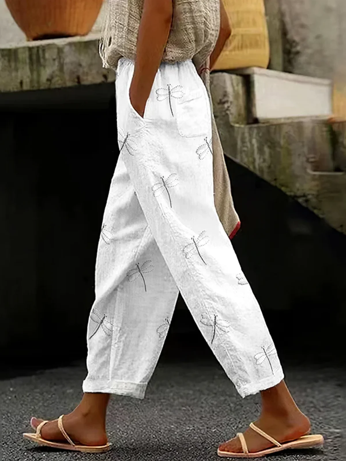 Pantalons Décontracté Printemps / Automne Libellule Coton Naturel Micro-élasticité Quotidien Long Régulier pour Femmes