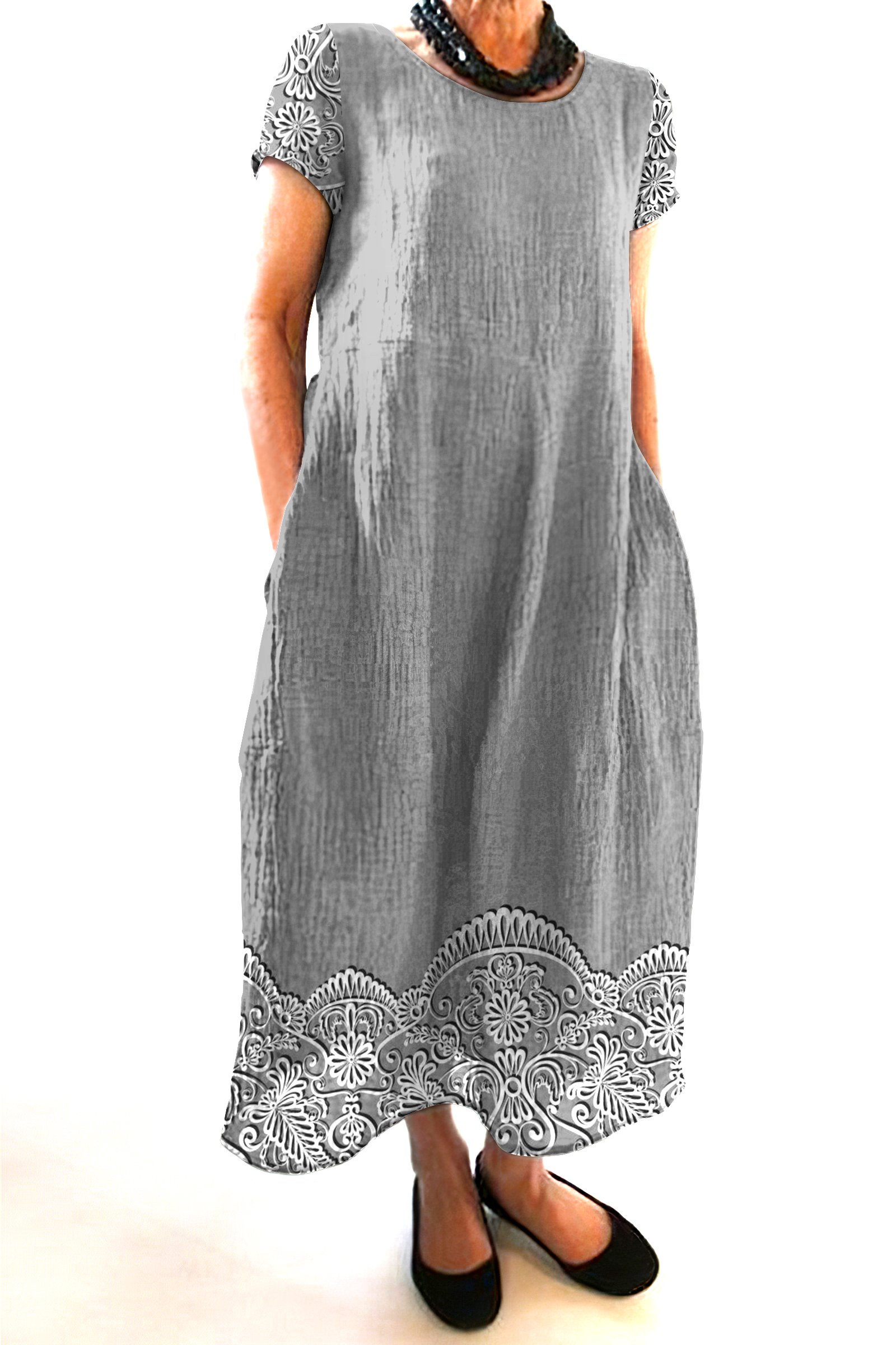 Femmes Floral Gris Col Rond Confortable Robe Maxi Décontracté