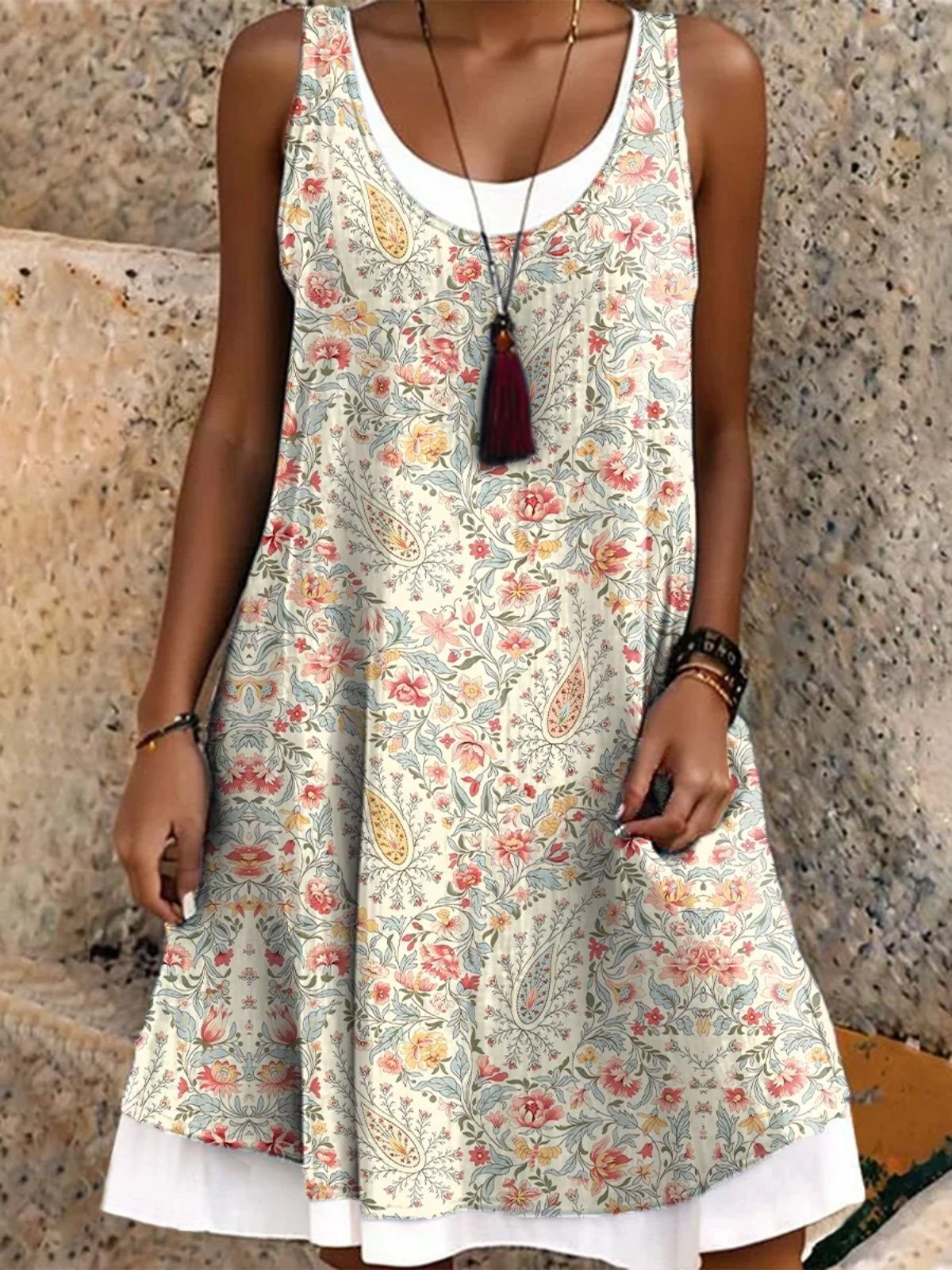 Femmes Floral Comme Image Col Rond Confortable Robe Mi-Longue Décontracté
