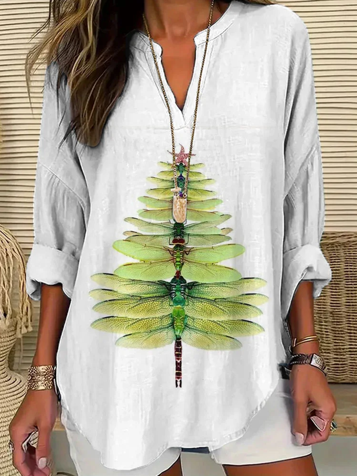 Blouses Simple Été Libellule Polyester Aucune élasticité Ample Demi Manche Col Châle Droit pour Femmes
