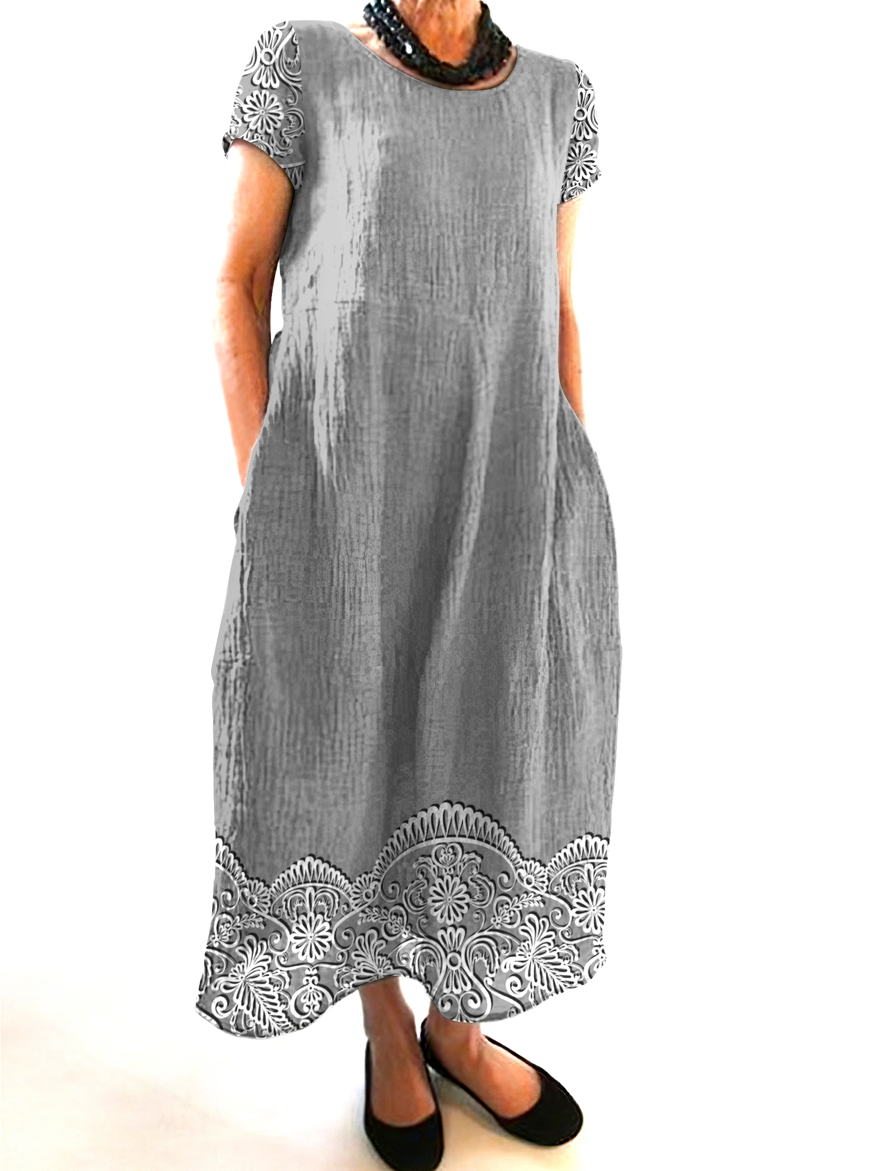 Femmes Floral Gris Col Rond Confortable Robe Maxi Décontracté