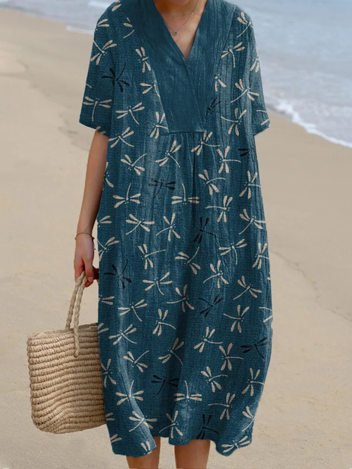 Femmes Libellule Comme Image Col Rond Confortable Robe Maxi Décontracté