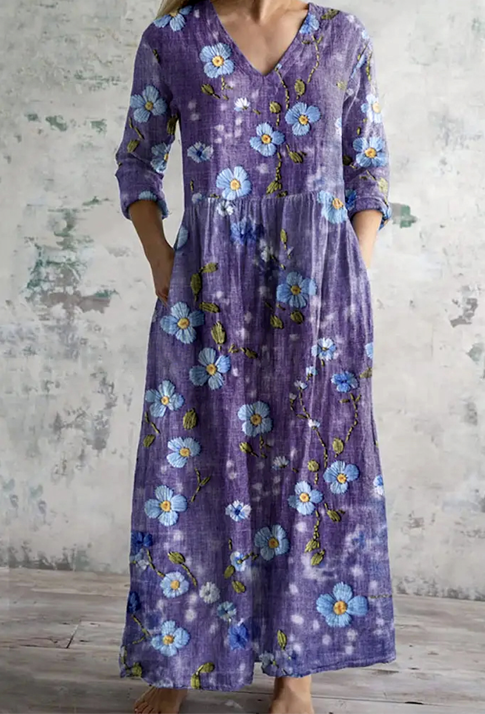 Femmes Floral Violet Col Rond Confortable Robe Maxi Décontracté