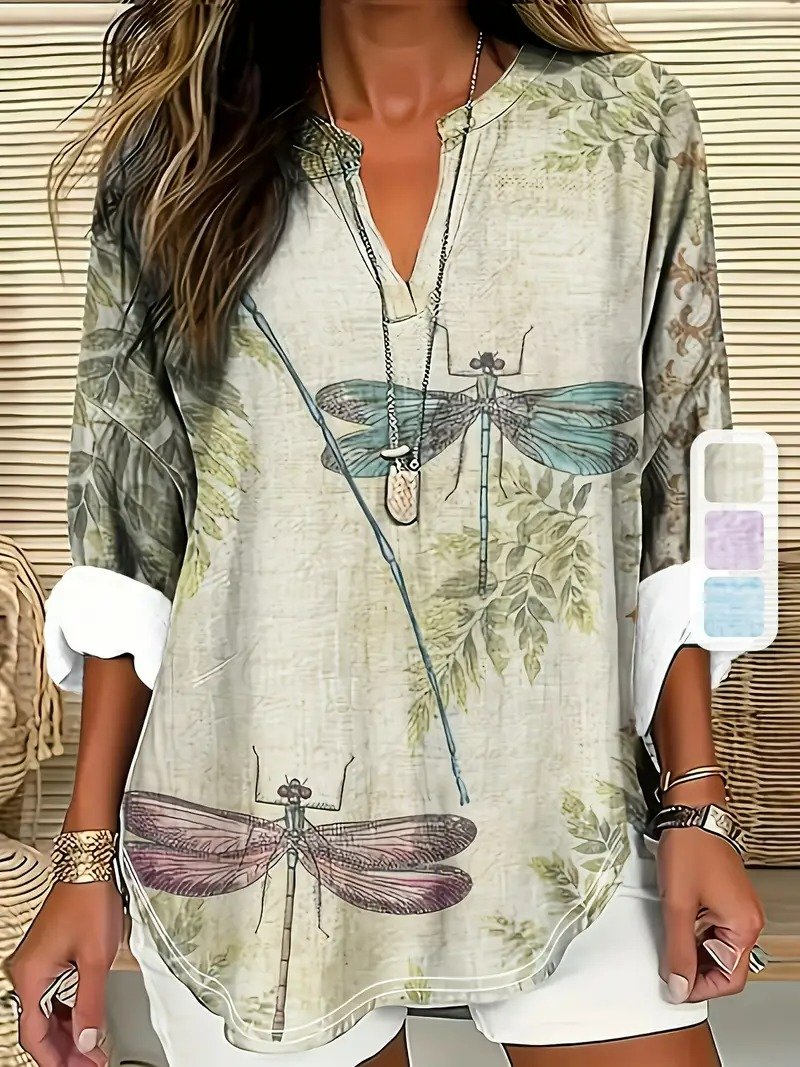 Blouses Élégant Été Libellule Coton Aucune élasticité Quotidien Demi Manche Régulier Droit pour Femmes
