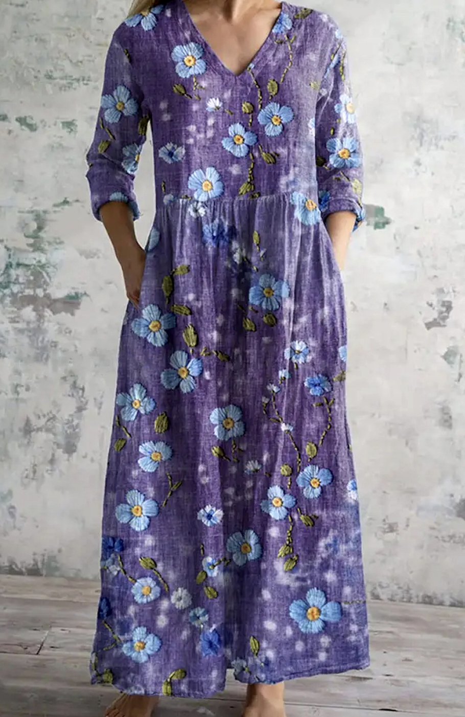 Femmes Floral Violet Col Rond Confortable Robe Maxi Décontracté