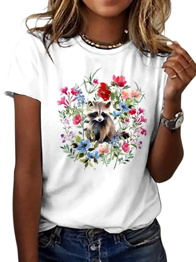 T-shirts Décontracté Floral Été Coton Coupe Régulière Col Rond Régulier Trapèze Régulier pour Femmes