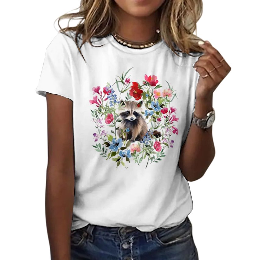 T-shirts Décontracté Floral Été Coton Coupe Régulière Col Rond Régulier Trapèze Régulier pour Femmes