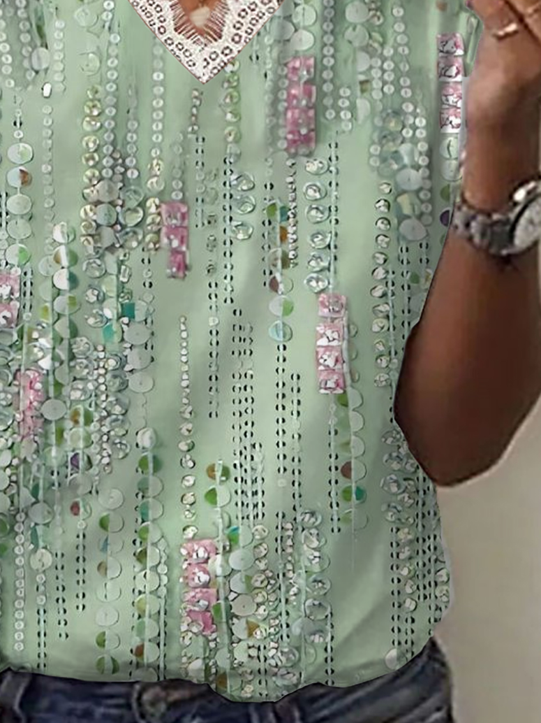 T-shirts Femmes Décontracté Été Abstrait Rayé avec Bordure en Dentelle Micro-élasticité Quotidien Coupe Régulière Droit Régulier