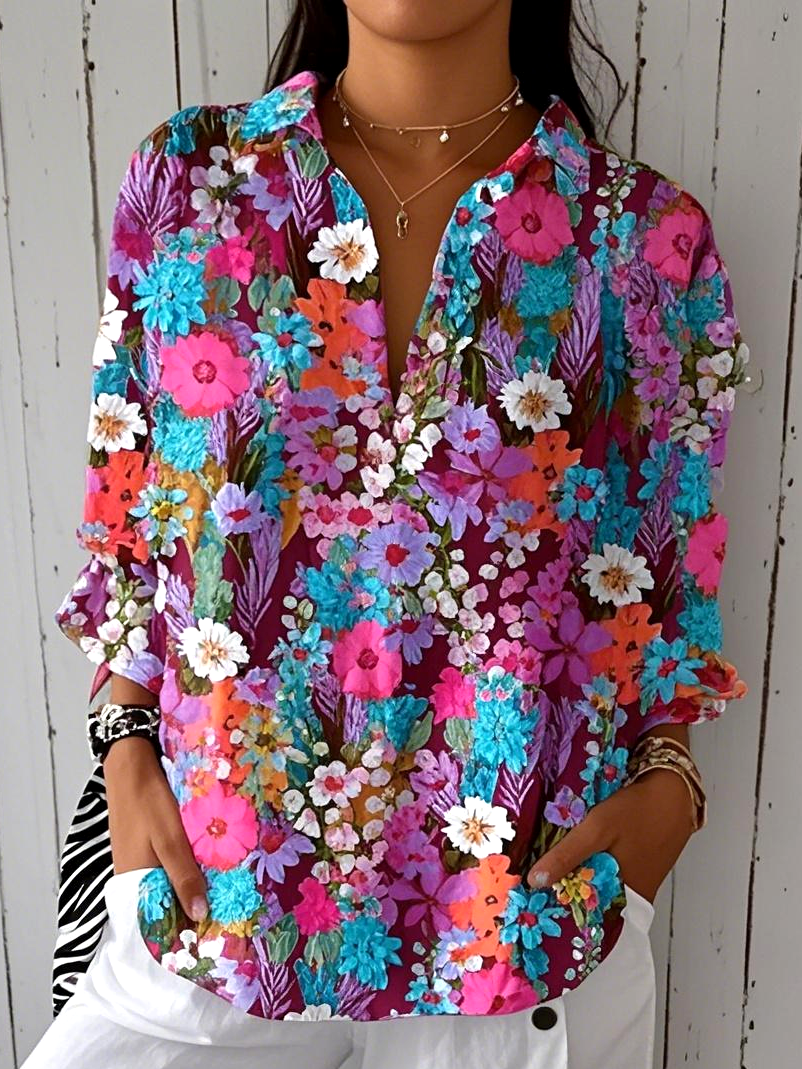 Chemises Décontracté Floral Printemps / Automne Polyester Coupe Régulière Manches Longues Régulier Régulier Col de Chemise pour Femmes