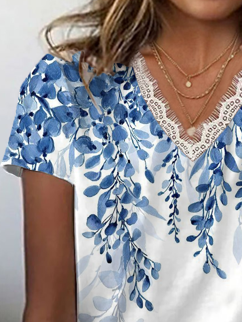 T-shirts Femmes Décontracté Floral Été Col V avec Bordure en Dentelle Micro-élasticité Coupe Régulière Régulier Régulier