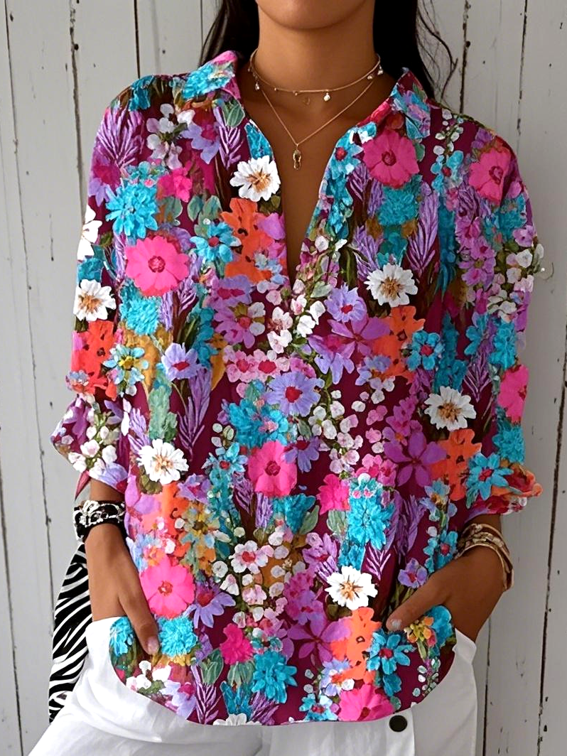 Chemises Décontracté Floral Printemps / Automne Polyester Coupe Régulière Manches Longues Régulier Régulier Col de Chemise pour Femmes