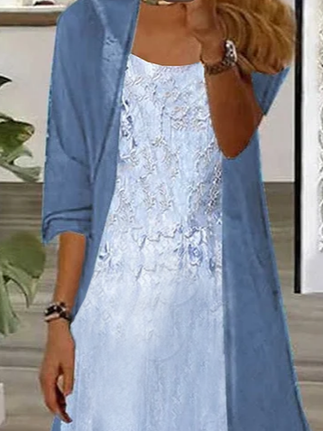 Deux Pièces Ensembles Femmes Décontracté Floral Printemps / Automne Micro-élasticité Jersey Devant Ouvert Manches trois quarts Régulier Dakota du Sud