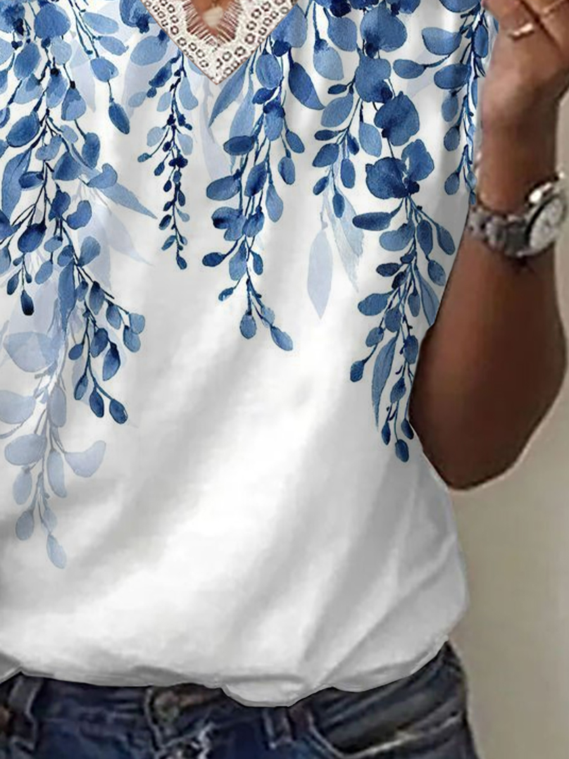 T-shirts Femmes Décontracté Floral Été Col V avec Bordure en Dentelle Micro-élasticité Coupe Régulière Régulier Régulier