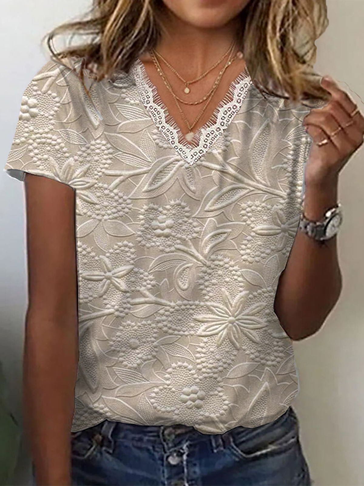 T-shirts Femmes Décontracté Floral Été Col V avec Bordure en Dentelle Micro-élasticité Quotidien Manches Courtes Droit