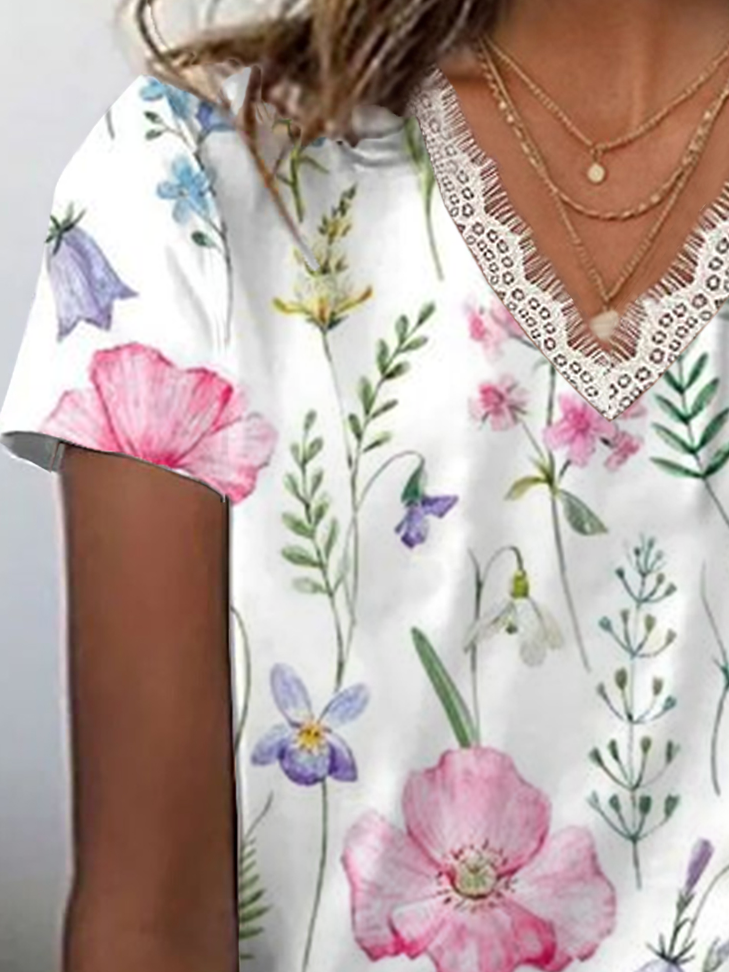 T-shirts Femmes Décontracté Floral Été Col V Imprimé Micro-élasticité Coupe Régulière Manches Courtes Régulier