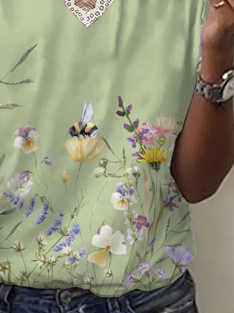 T-shirts Femmes Décontracté Floral Été Polyester Col V Imprimé Quotidien Manches Courtes Droit