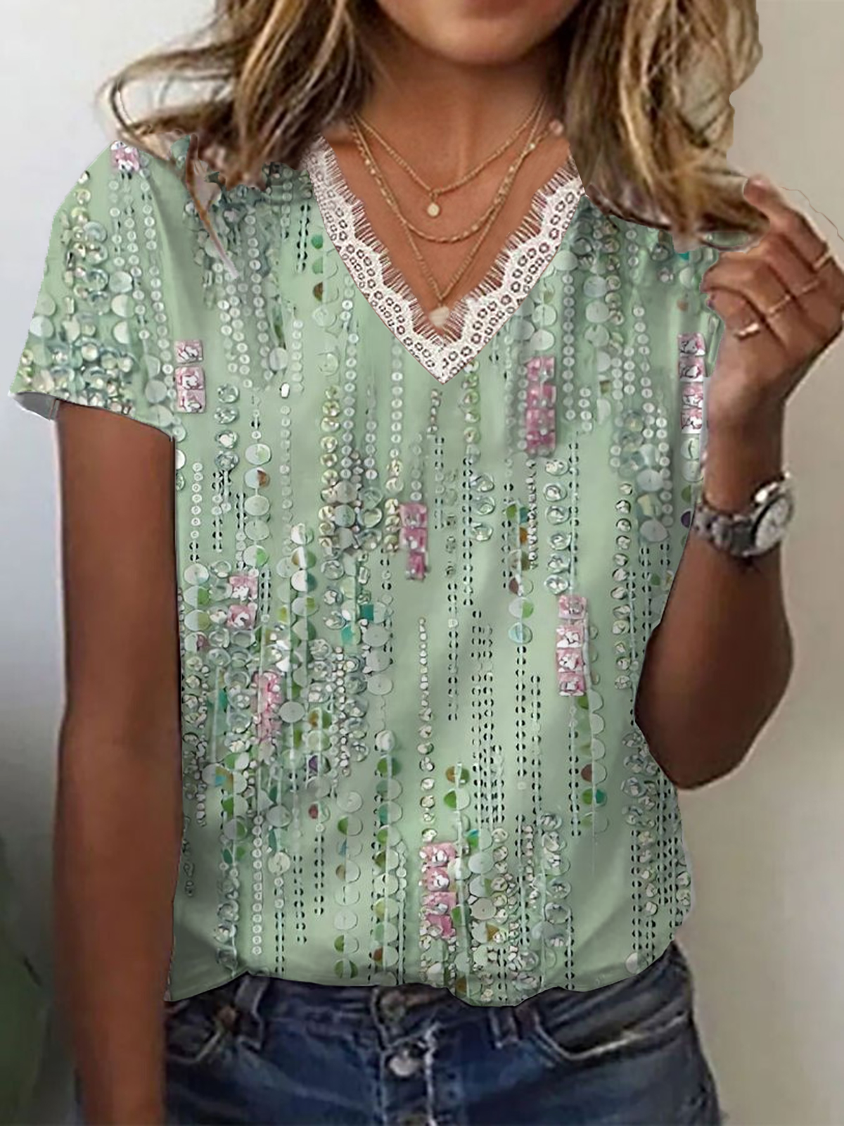 T-shirts Femmes Décontracté Été Abstrait Rayé avec Bordure en Dentelle Micro-élasticité Quotidien Coupe Régulière Droit Régulier
