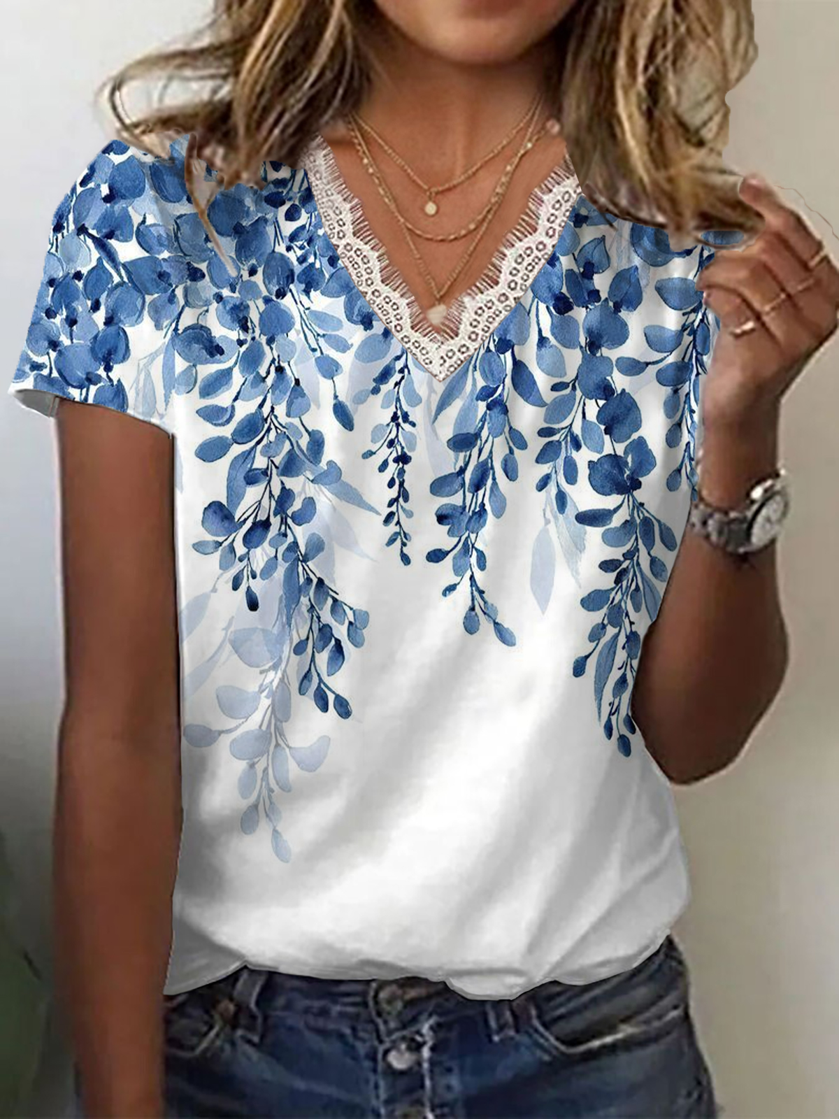 T-shirts Femmes Décontracté Floral Été Col V avec Bordure en Dentelle Micro-élasticité Coupe Régulière Régulier Régulier