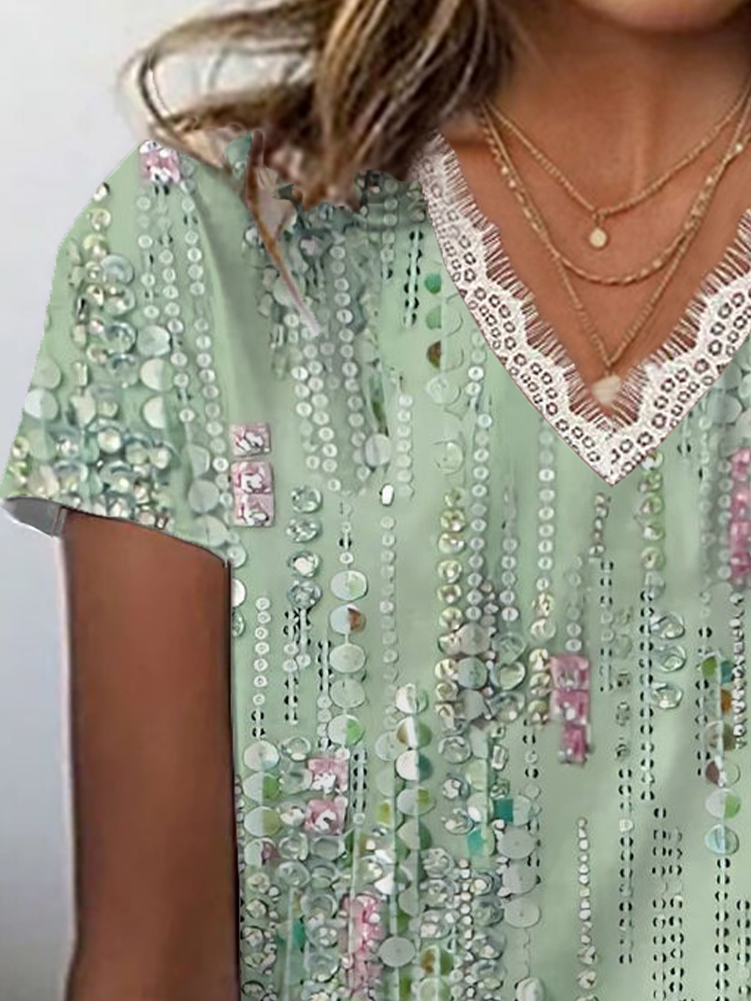 T-shirts Femmes Décontracté Été Abstrait Rayé avec Bordure en Dentelle Micro-élasticité Quotidien Coupe Régulière Droit Régulier