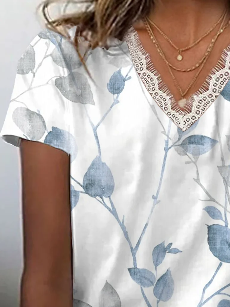 T-shirts Femmes Décontracté Floral Été avec Bordure en Dentelle Micro-élasticité Quotidien Manches Courtes Droit Régulier