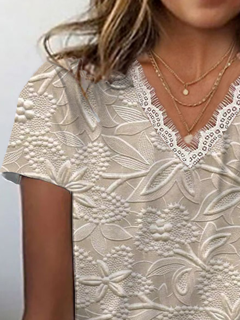 T-shirts Femmes Décontracté Floral Été Col V avec Bordure en Dentelle Micro-élasticité Quotidien Manches Courtes Droit