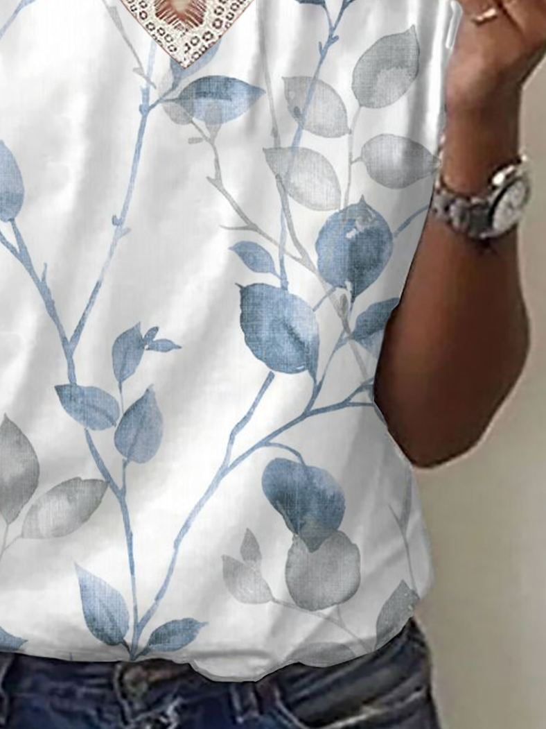 T-shirts Femmes Décontracté Floral Été avec Bordure en Dentelle Micro-élasticité Quotidien Manches Courtes Droit Régulier