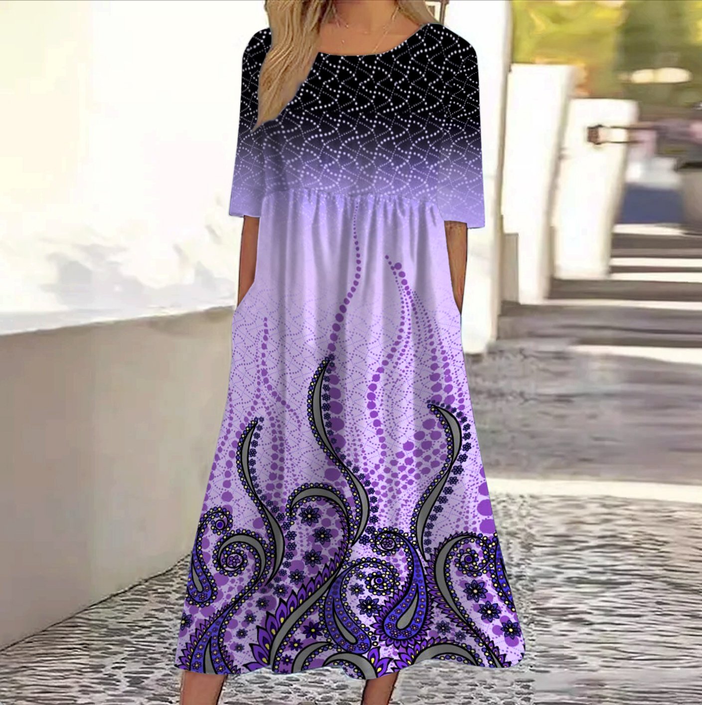 Femmes Floral Violet Col Rond Confortable Robe Maxi Décontracté