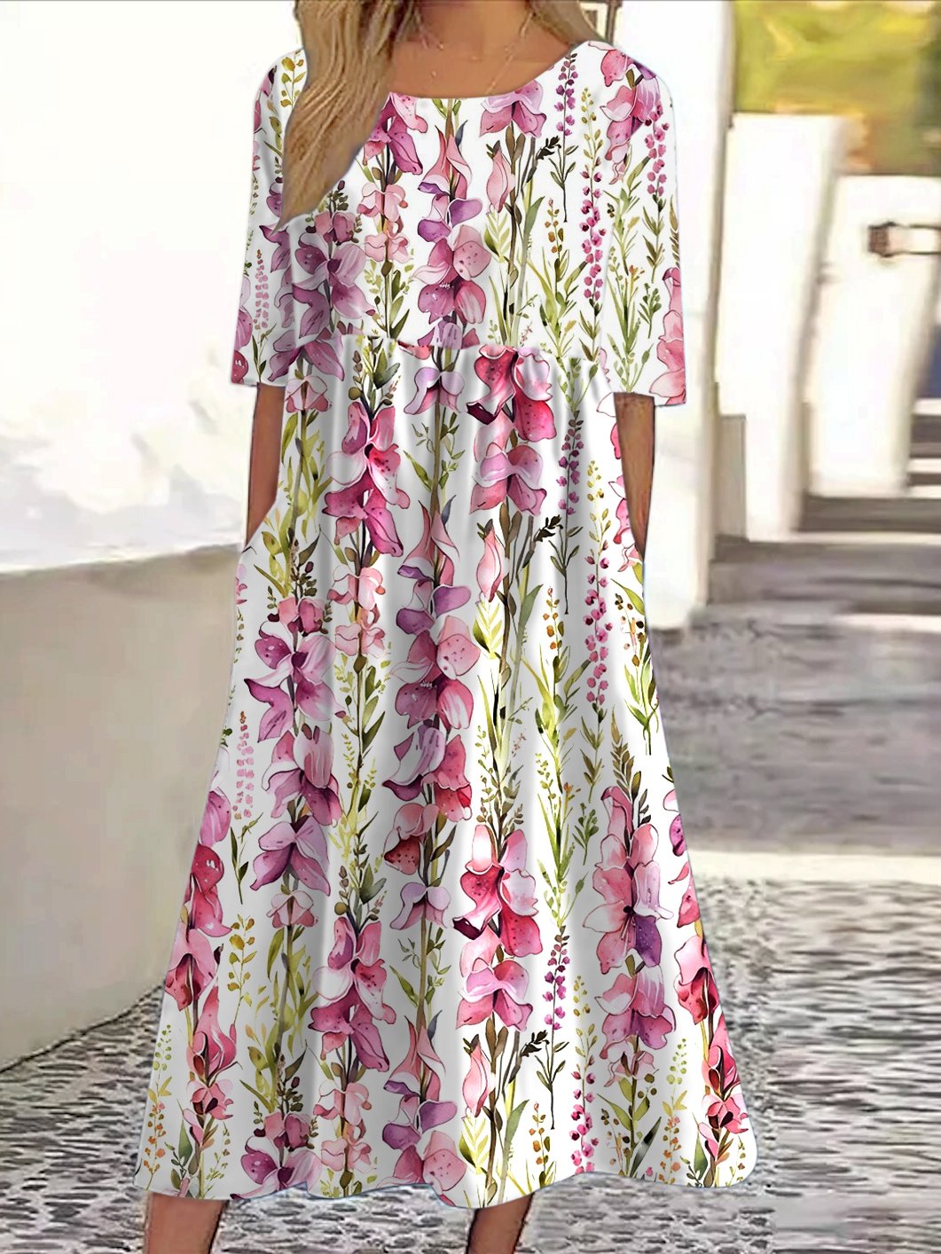 Femmes Floral Blanc Col Rond Confortable Robe Maxi Décontracté