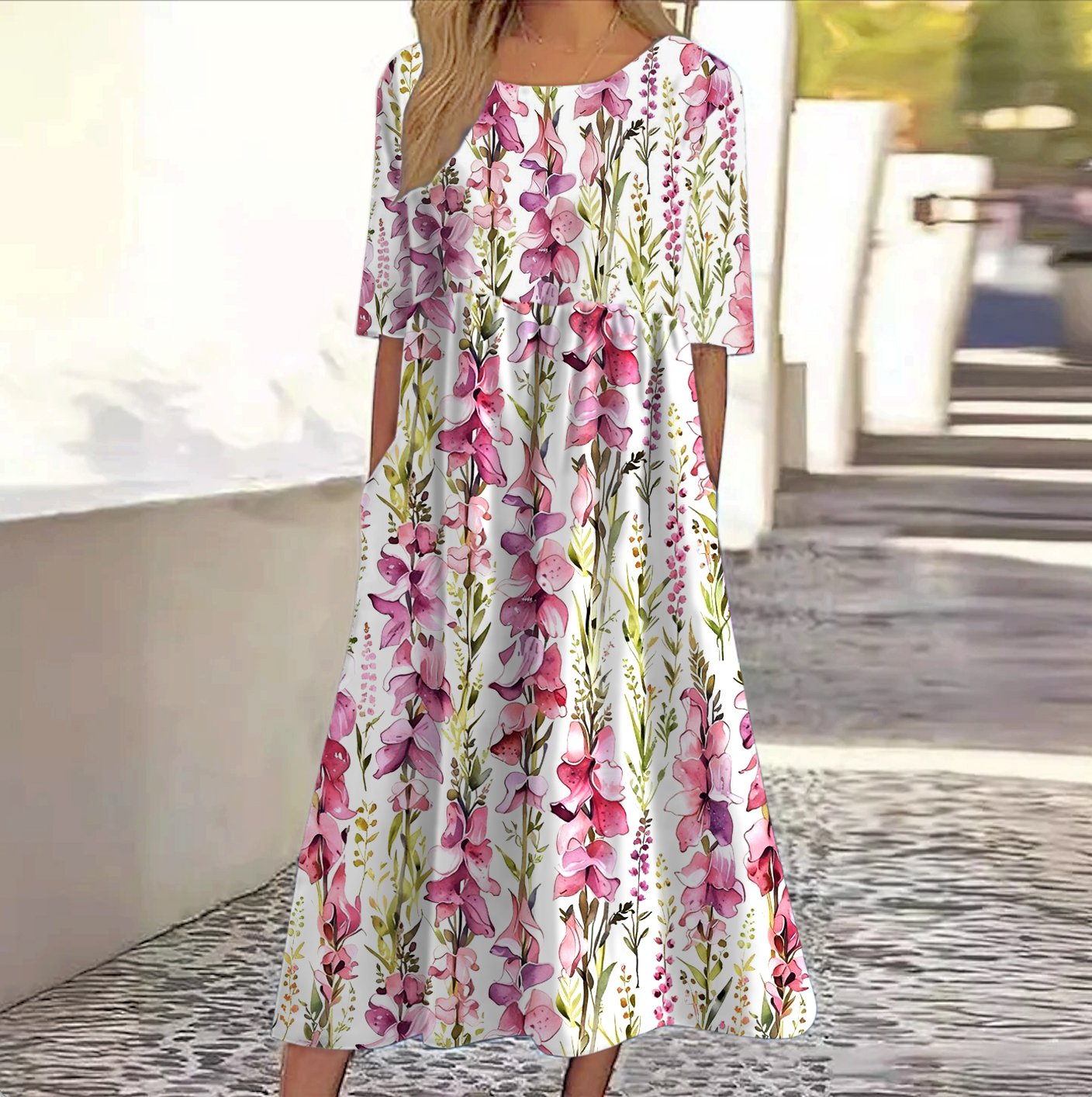 Femmes Floral Blanc Col Rond Confortable Robe Maxi Décontracté