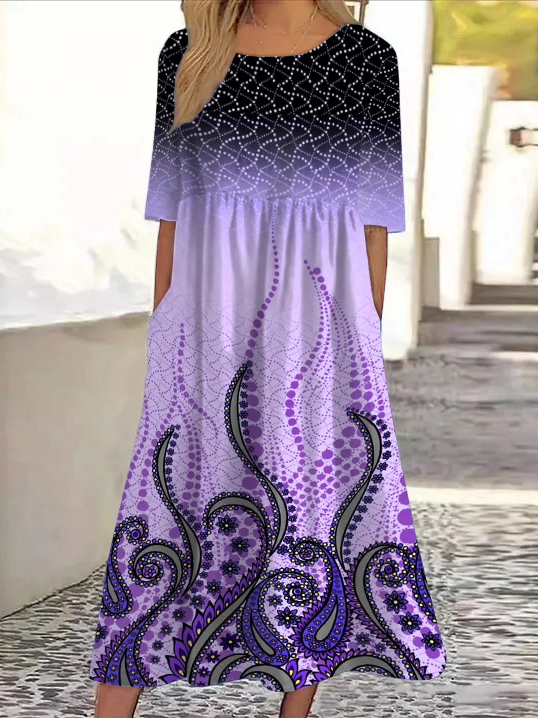 Femmes Floral Violet Col Rond Confortable Robe Maxi Décontracté