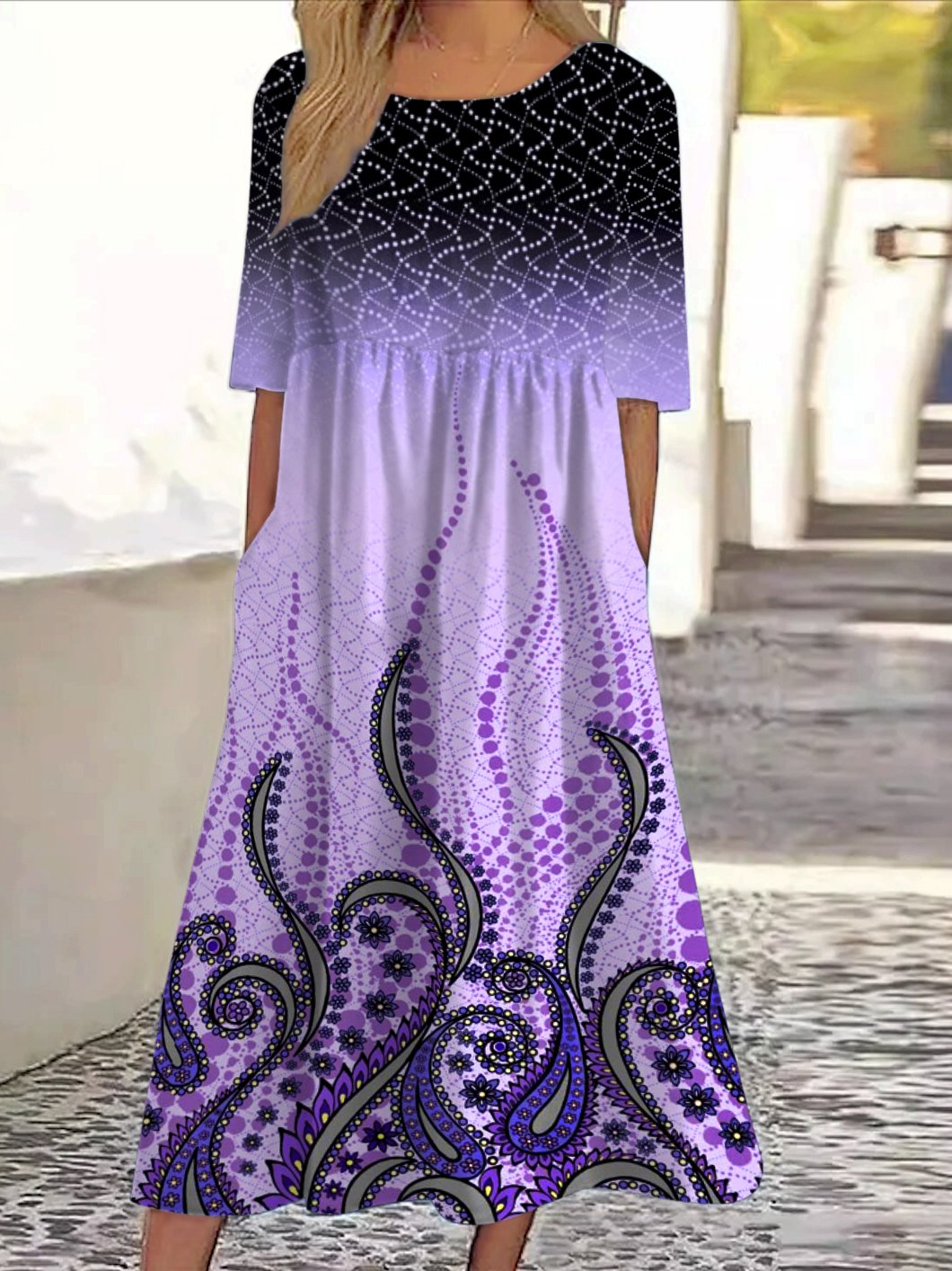 Femmes Floral Violet Col Rond Confortable Robe Maxi Décontracté