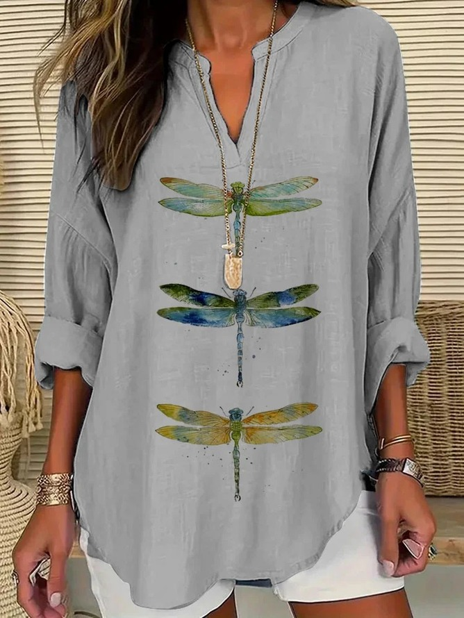 Blouses Décontracté Printemps / Automne Libellule Col V Aucune élasticité Quotidien Ample Manches Longues en Mélangé de Coton pour Femmes