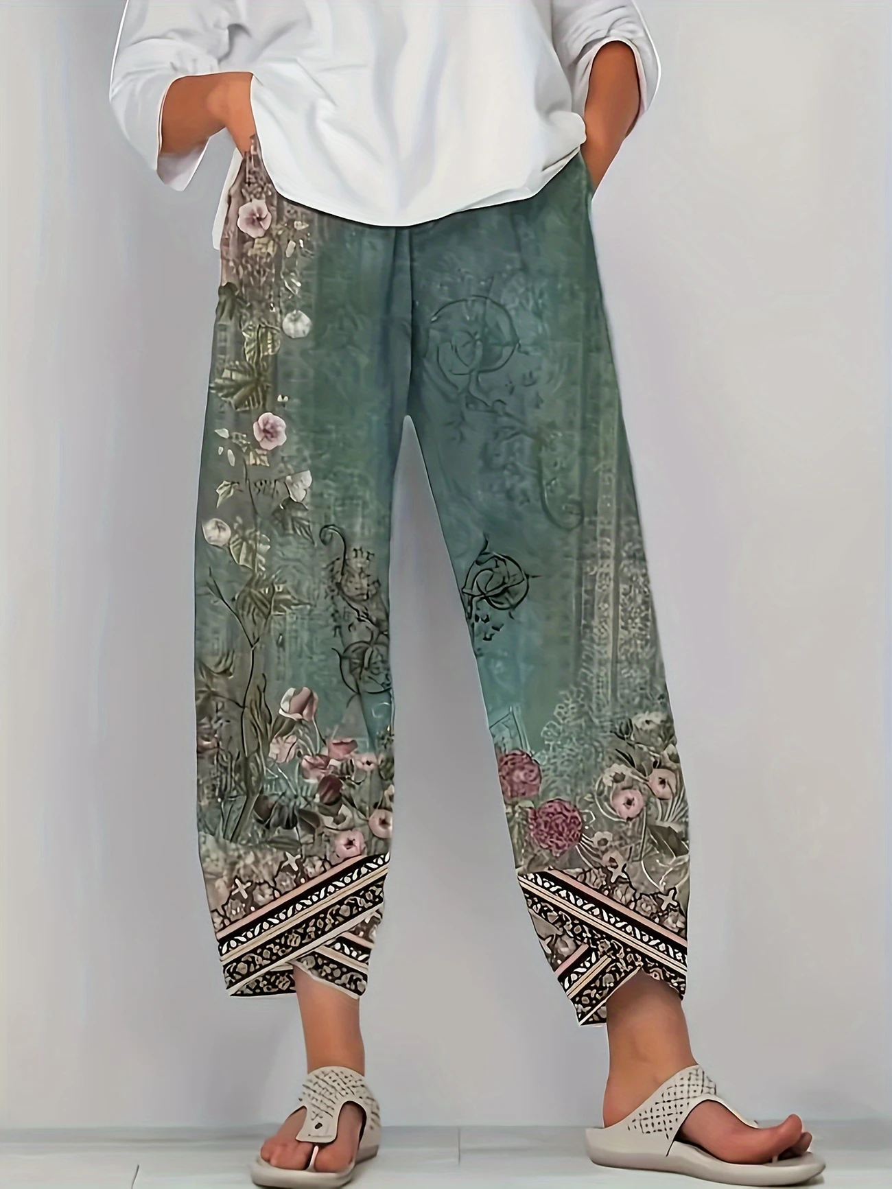 Pantalons Femmes Décontracté Floral Été Polyester Aucune élasticité Quotidien Ample Corsaire Régulier