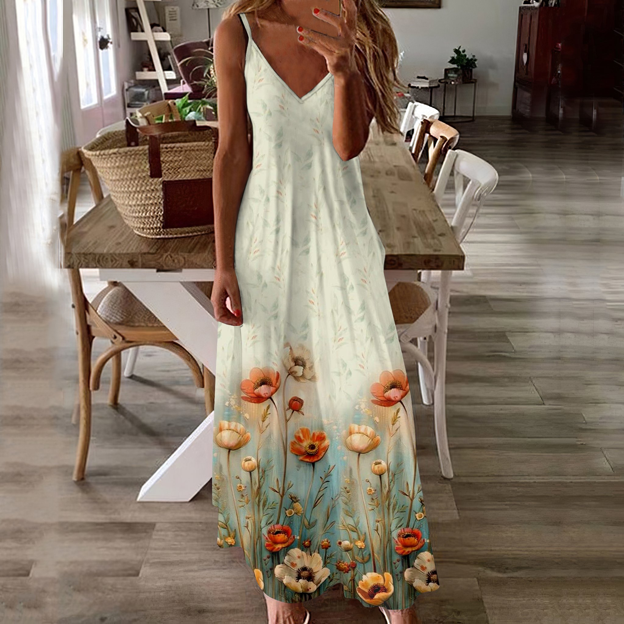 Femmes Floral Abricot à Bretelles Confortable Robe Maxi Décontracté
