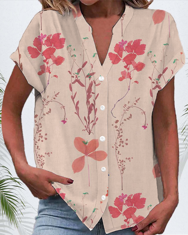 Chemises Décontracté Floral Été Polyester Col V Micro-élasticité Manches Courtes Régulier Boucle pour Femmes