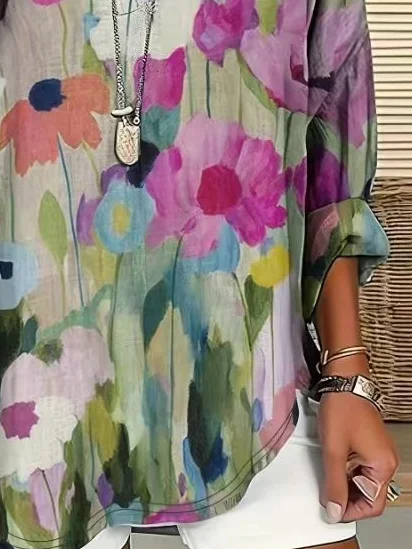Blouses Décontracté Floral Printemps / Automne Imprimé Quotidien Manches Longues en Mélangé de Coton Régulier Trapèze pour Femmes