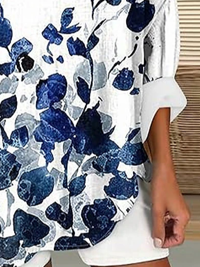 Blouses Femmes Décontracté Floral Printemps / Automne Col V Quotidien en Mélangé de Coton Régulier Trapèze Régulier