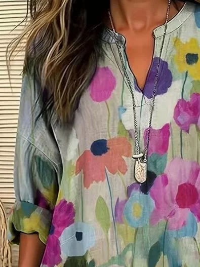 Blouses Décontracté Floral Printemps / Automne Imprimé Quotidien Manches Longues en Mélangé de Coton Régulier Trapèze pour Femmes