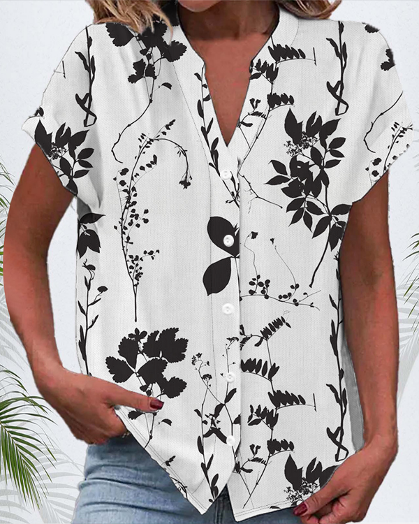 Chemises Décontracté Floral Été Polyester Col V Micro-élasticité Manches Courtes Régulier Boucle pour Femmes