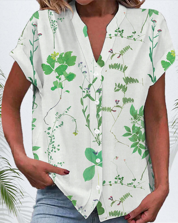Chemises Décontracté Floral Été Polyester Col V Micro-élasticité Manches Courtes Régulier Boucle pour Femmes