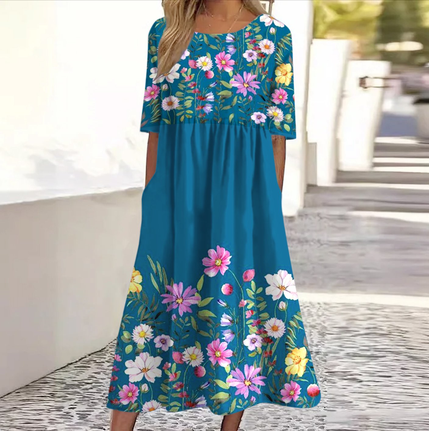 Femmes Floral Bleu Marine Col Rond Confortable Robe Maxi Décontracté