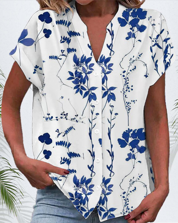 Chemises Décontracté Floral Été Polyester Col V Micro-élasticité Manches Courtes Régulier Boucle pour Femmes