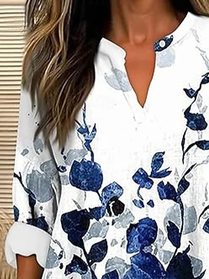 Blouses Femmes Décontracté Floral Printemps / Automne Col V Quotidien en Mélangé de Coton Régulier Trapèze Régulier