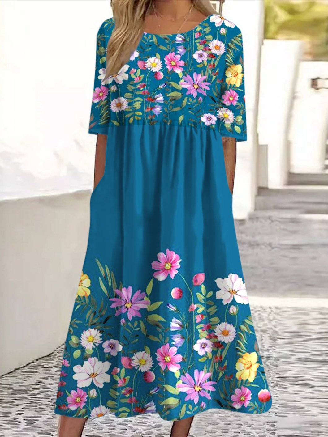 Femmes Floral Bleu Marine Col Rond Confortable Robe Maxi Décontracté