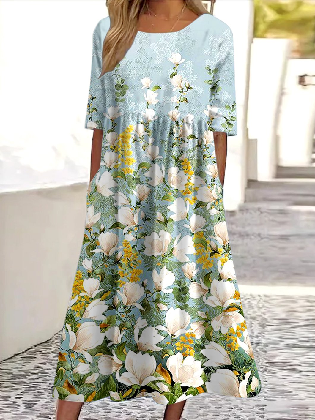 Femmes Floral Vert Clair Col Rond Confortable Robe Maxi Décontracté