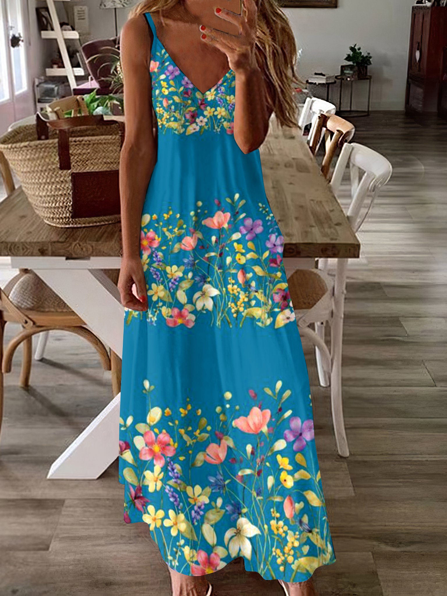 Femmes Floral Lac Bleu à Bretelles Confortable Robe Maxi Décontracté